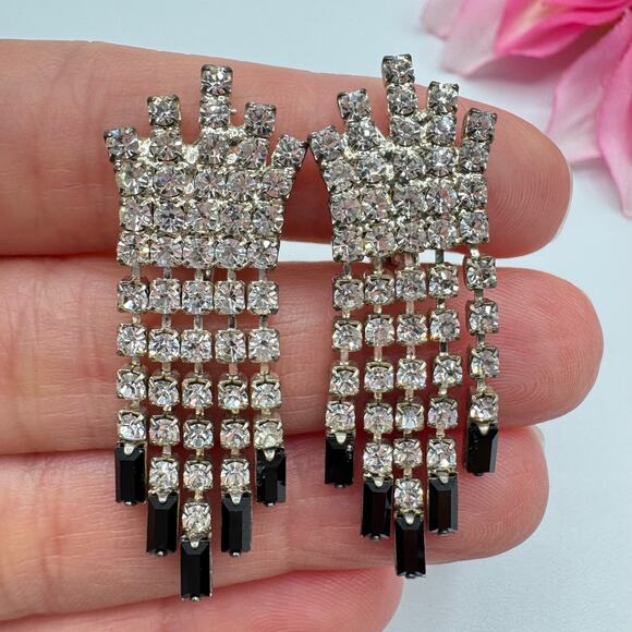 Vintage Art Deco Style Rhinestone Fringe Chandelier Clip On Earrings Regency - Picture 5 of 12